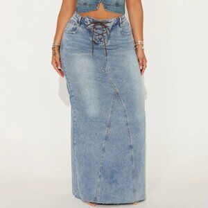 Keep Up Lace Up Denim Maxi Skirt - Medium Wash